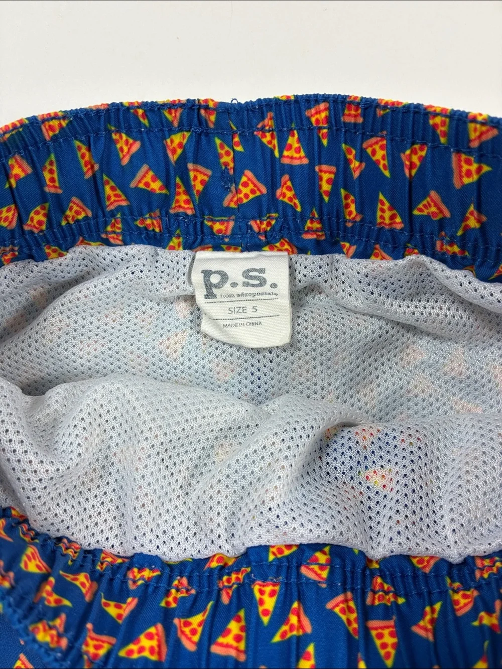 Aeropostale Blue Swim Trunks with Orange Pizza Print, size 5